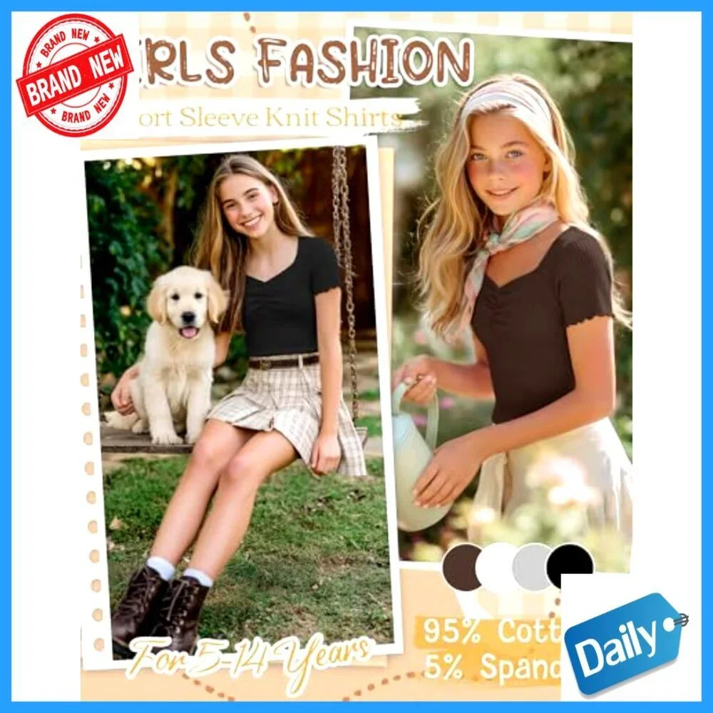 Girls Slim Fit V-Neck Tee 4 Pack Ribbed Lettuce Trim Sweetheart Neckline